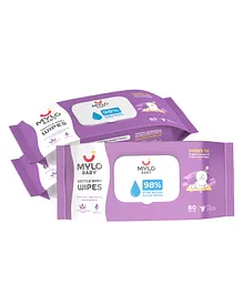 Mylo Gentle Baby Wipes with 98% Pure Water Coconut Oil & Neem Without Lid Pack of 3 - 80 Wipes Each