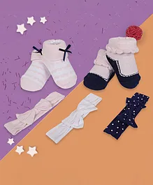 Baby Moo Pack Of 2 Pair Of Solid & Striped Socks & 3 Headbands - Pink & Blue