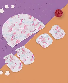 Baby Moo Unicorn Print Cap With Mittens And Booties Gift Set - Pink