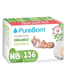 PureBorn Organic Bamboo Printed Diapers Size 1 Master Pack - 136 Pieces