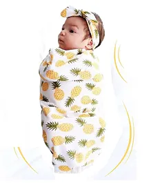 MOMISY Photoprop Pineapple Print Swaddle Wrapper With Bow Knot Headband - Yellow