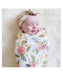 MOMISY Photoprop Flower Print Swaddle Wrapper With Bow Knot Headband - Pink