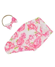 MOMISY Photoshoot prop Print Swaddle Wrapper With Bow Knot Headband - Pink Rose