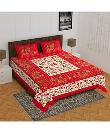 Divamee 100 % Pure Cotton Double Bedsheet With 2 Pillow Covers Jaipuri Print - Red