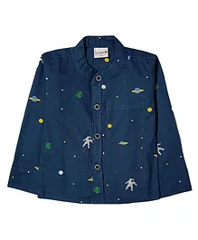 Snowflakes Full Sleeves Astronaut Print Shirt - Dark Blue