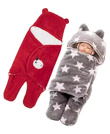 Babyzone Soft Fabric Winter Wear Embroidered Printed Wearable Blankets Pack of 2 - Red and Grey