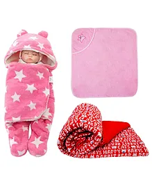 Babyzone Soft Fabric Winter Wearable Embroidered Blankets Pack of 3 - Pink 