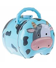 FunBlast Cow Print Tin Coin Piggy Bank With Lock And Key - Blue