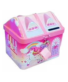 FunBlast House Shape Metal Coin Piggy Bank With Lock And Key - Pink