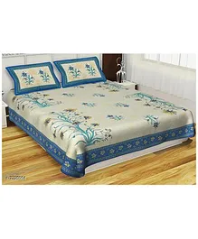 Jaipur Gate 144 TC Cotton Double Bedsheet Floral Print With 2 Pillow Covers - Blue