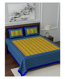 Jaipur Gate 144 TC Cotton Double Bedsheet Stripped Print With Two Pillow Covers - Blue Yellow
