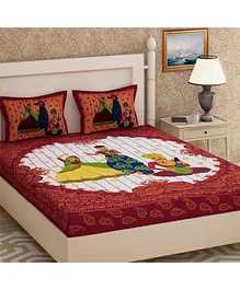 Jaipur Gate Cotton 144 TC Sarange Printed Double Bedsheet with 2 Pillow Covers - Red