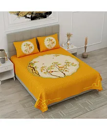Jaipur Gate 144 TC Polka Dot And Tree Printed Cotton Double Bedsheet With 2 Pillow Covers - Yellow