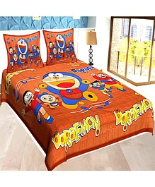 Jaipur Gate 144 TC Doraemon Printed Cotton Double Bedsheet With 2 Pillow Covers - Brown