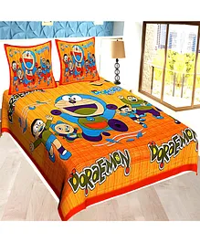 Jaipur Gate 144 TC Doraemon Printed Cotton Double Bedsheet With 2 Pillow Covers - Orange