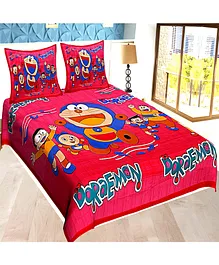 Jaipur Gate 144 TC Doraemon Printed Cotton Double Bedsheet With 2 Pillow Covers - Pink