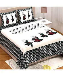 Jaipur Gate 144 TC Printed Cotton Double Bedsheet With 2 Pillow Covers - White Black