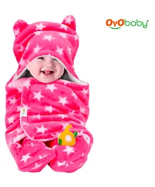 OYO BABY 3-in-1 Fleece Hooded Baby Blanket Wrapper -Pack of 1 (Baby Pink Star Printed) | All Season | 0-6 Months | Sleeping Bag | Great Gift | Bath Towel | Multipurpose Comforter