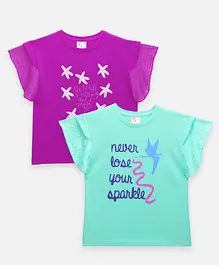 Lilpicks Couture Pack Of 2 Short Sleeves Quote & Star Fish Printed Top - Green & Purple