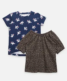 Lilpicks Couture Pack Of 2 Half Sleeves Unicorn Printed Top - Navy Blue & Brown