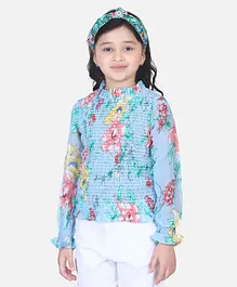 Lilpicks Couture Full Sleeves Floral Print Smocking Detailing Top - Blue