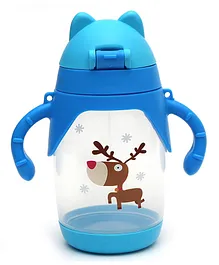 Koochie Koo One Touch Twin Handle Sipper Bottle With Silicon Straw Deer Print Blue - 300 ml