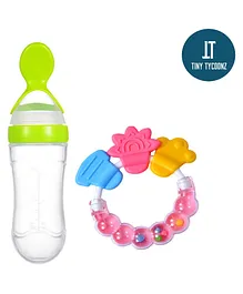 Tiny Tycoonz Silicone Squeezy Food Feeder Bottle With Spoon & Rattle Teether Green - 90 ml