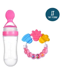 Tiny Tycoonz Silicone Squeezy Food Feeder Bottle With Spoon & Rattle Teether Pink - 90 ml
