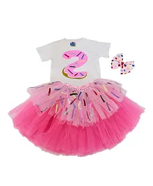 TINY MINY MEE Half Sleeves Donut 2 Text Print Tee With Layered Tutu Style Glitter Applique Skirt And Bow Applique Headband - Pink