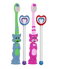 Buddsbuddy Toothbrush With Tongue Cleaner Cat Design Combo Pack of 2 - Multicolour
