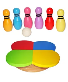 VParents Wooden Flower Balance Board and Wooden Mini Bowling Pins Toy Set - Multicolour