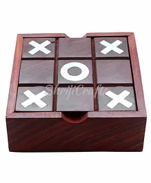 ShrijiCrafts Noughts and Crosses Tic Tac Toe Solitaire 2-in-1 Travel Board Game - Brown