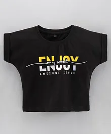 Enfance Core Half Sleeves Enjoy Printed Crop T-Shirt - Black