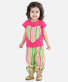 BownBee Cap Sleeves Stripes Print Heart Patch Top And Harem Pants - Pink