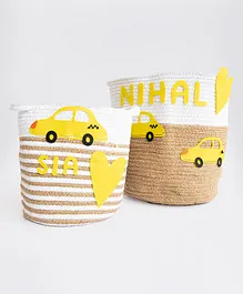 Yellow Doodle Love For Cars Organic Cotton Rope Baskets Pack of 2 - Yellow