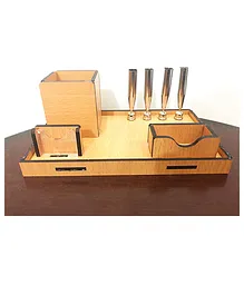 WISSEN Wooden Desk Organiser 8 Inch 4 Holder Pen Stand Model 1 (Color May Vary)