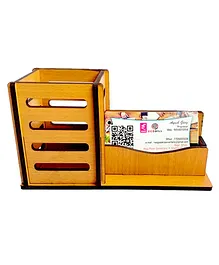 WISSEN Wooden Pen Stand with Visiting Card Holder - Brown