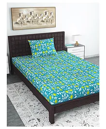 Divine Casa Floral Blend Cotton Single Bedsheet with 1 Pillow Cover - Turquoise & Green