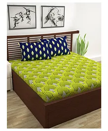 Divine Casa Abstract Blend Cotton Double Bedsheet with 2 Pillow Covers - Olive Green & Blue