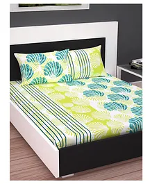 Divine Casa Floral Glace Cotton King Bedsheet with 2 Pillow Covers - Green & Sea Green