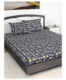 Divine Casa Floral Glace Cotton King Bedsheet with 2 Pillow Covers - Navy Blue & Yellow