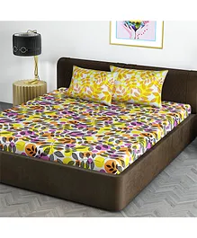 Divine Casa Floral Glace Cotton King Bedsheet with 2 Pillow Covers - Yellow & Pink