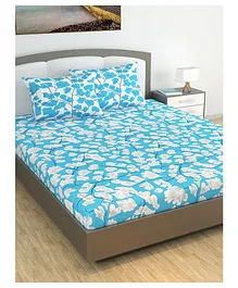 Divine Casa Floral Blend Cotton King Bedsheet with 2 Pillow Covers - Sky Blue & White