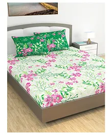 Divine Casa Floral Blend Cotton King Bedsheet with 2 Pillow Covers - Green & Pink