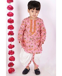 Little Bansi Full Sleeves Bengali Kantha Work Floral Kurta With Dhoti - Pink