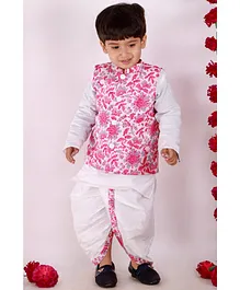 Little Bansi Full Sleeves Kurta And Dhoti With Kantha Work Floral Print Jacket - Pink And White