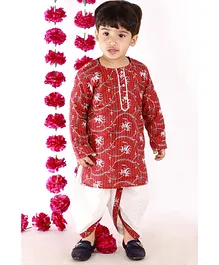 Little Bansi Full Sleeves Kantha Work Floral Print Kurta And Dhoti - Brown And White