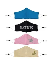 Tiny Bugs Pack Of 4 Love & Star Printed Mask - Blue Black Pink
