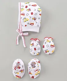 Child World Baby Cap Mitten And Booties Car Print - White Red