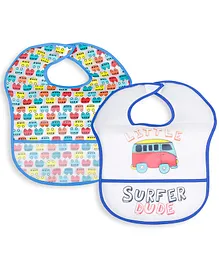 Baby Moo Feeding Bibs With Crumb Catcher Waterproof Surfer Dude Print Pack Of 2 - Multicolour